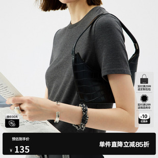 U/TI深灰色莱赛尔短袖T恤女圆领修身正肩薄内搭 尤缇2025夏季新款