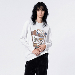 TI白色艺术涂鸦长袖 新款 T恤女装 冬季 百搭简约趣味休闲尤缇时尚