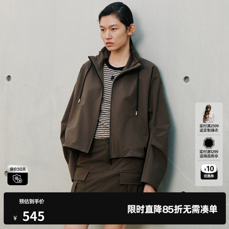 U/TI咖色翻领抽绳领口夹克外套女直筒短款运动风尤缇2026秋季新款