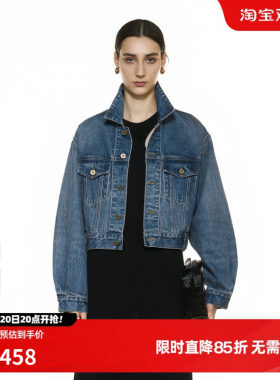 U/TI翻领蓝色牛仔短外套装女复古100%棉休闲上衣尤缇2025秋季新款