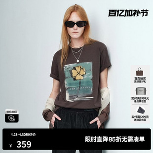 U/TI灰色棉感圆领短袖T恤女 落肩印花直筒休闲薄尤缇2026夏季新款