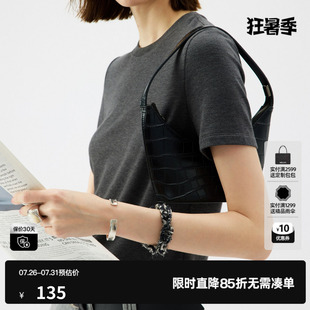 U/TI深灰色莱赛尔短袖T恤女圆领修身正肩薄内搭 尤缇2025夏季新款