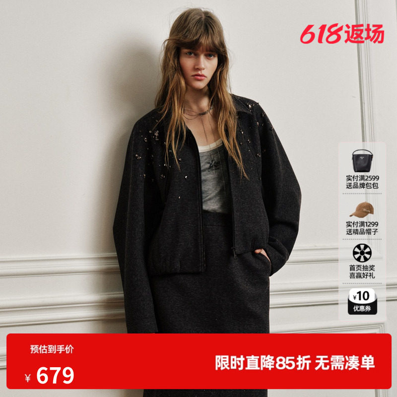 U/TI深灰色翻领镶钻长袖短款外套女宽松休闲通勤尤缇2026秋季新款