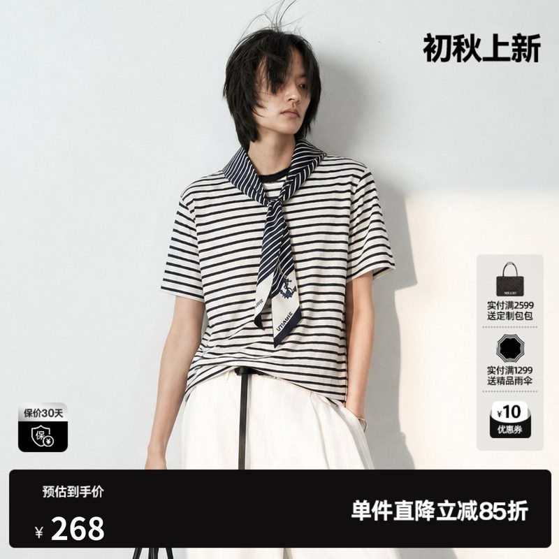 U/TI黑白条纹圆领短袖T恤女 配领带直筒休闲上衣尤缇2026夏季新款