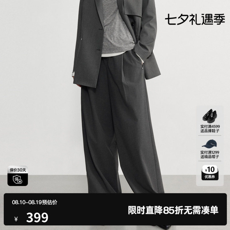 U/TI深灰色松紧腰直筒休闲裤女通勤口袋西装长裤尤缇2026秋季新款