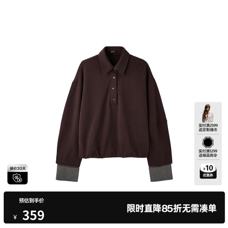 U/TI酒红色100%棉polo领卫衣女拼接简约休闲慵懒尤缇2026秋季新款