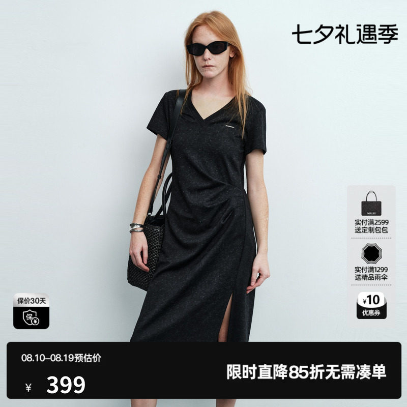 U/TI黑色棉感短袖连衣裙女V领收腰捏褶直筒中裙 尤缇2026夏季新款