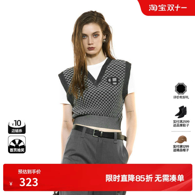 U/TI假两件V领黑白格纹针织衫女 学院风毛衫棉感尤缇2025秋季新款