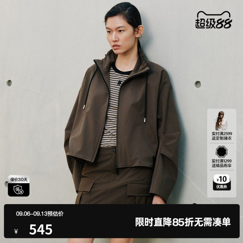 U/TI咖色翻领抽绳领口夹克外套女直筒短款运动风尤缇2026秋季新款