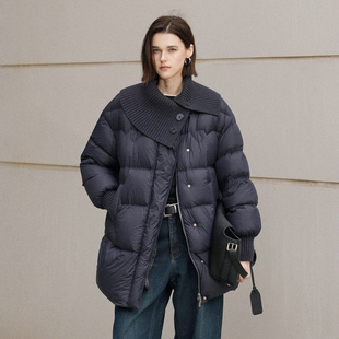 U/TI藏青色围脖羽绒服女简约通勤一手长鸭绒外套尤缇2025冬季新款