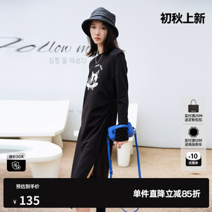 U/TI黑色设计感印花宽肩连衣裙女棉感酷感开衩裙尤缇时尚秋季新款