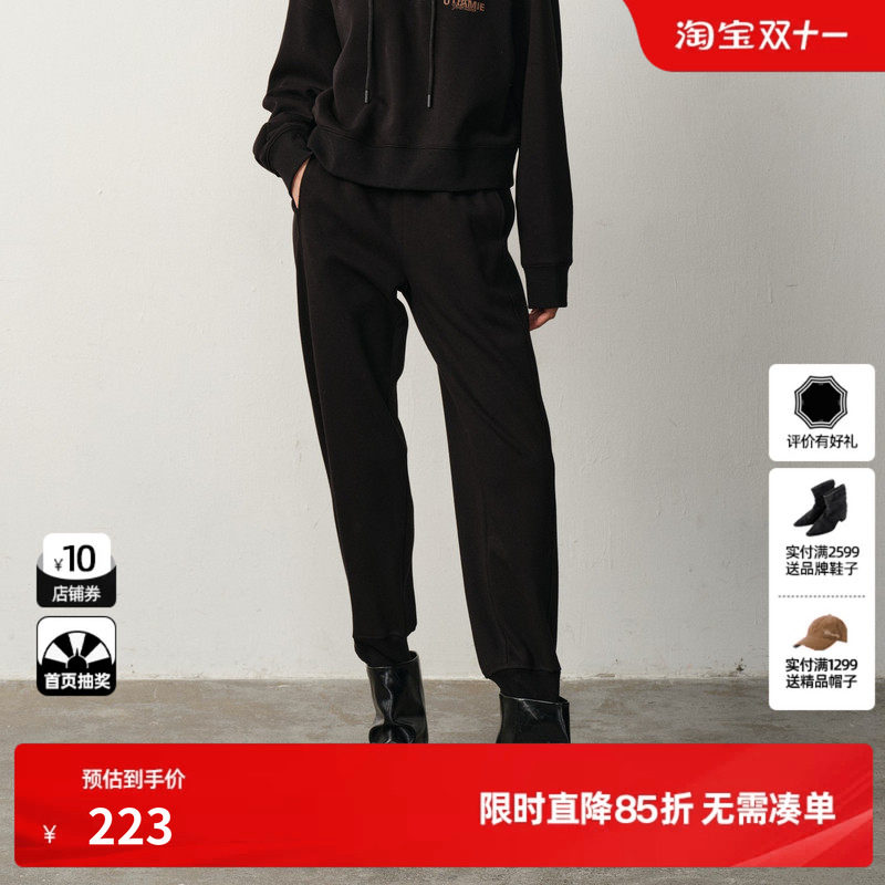 U/TI小开衩运动束脚裤女显瘦宽松磨毛棉质休闲裤尤缇2025冬季新款