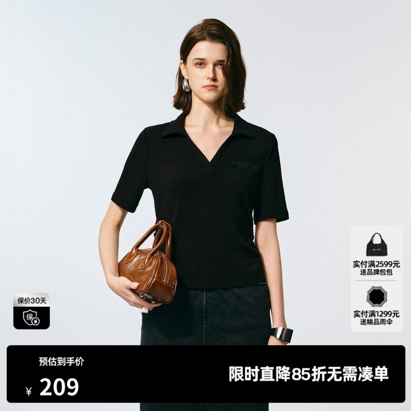 U/TI百搭V领POLO衫T恤女装螺纹弹力抽褶短袖上衣尤缇2025夏季新款
