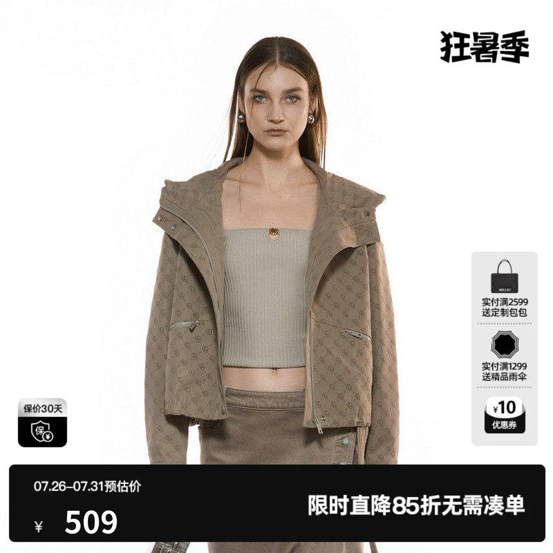 U/TI植绒满版短款风衣女装复古老花抽绳连帽外套尤缇2025秋季新款