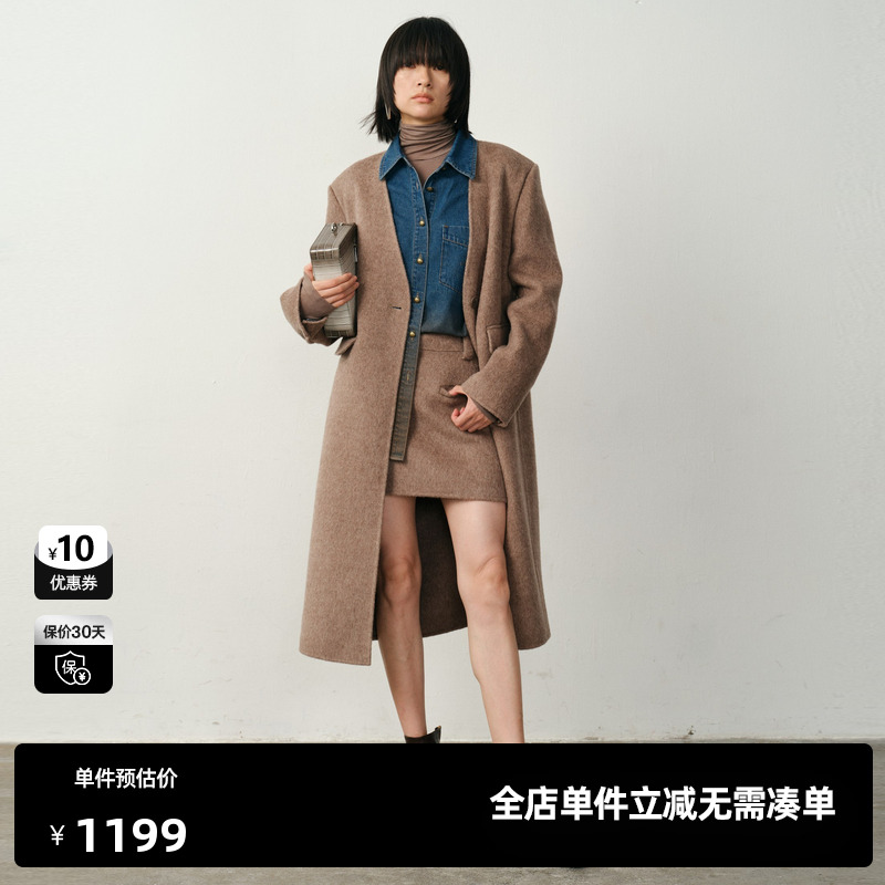 U/TI针织围脖长款羊毛大衣女静奢老钱风廓形外套尤缇2025冬季新款