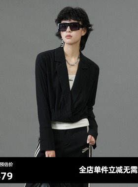 U/TI黑色设计感捏褶短款衬衫女百搭通勤休闲上衣尤缇2025春季新款