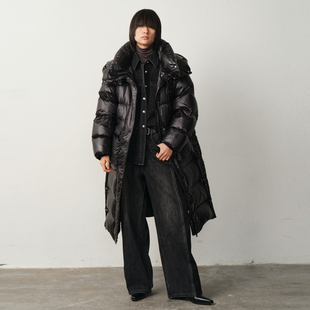 新款 90白鸭绒外套尤缇2025冬季 廓形长款 TI亮面防风领羽绒服女装