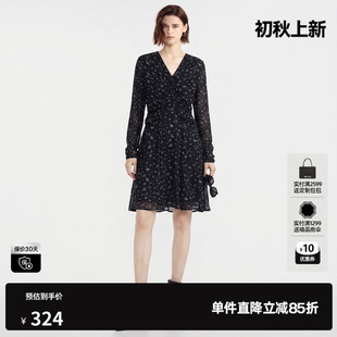 U/TI紫色碎花V领长袖连衣裙女高腰A字简约风中裙尤缇2026秋季新款