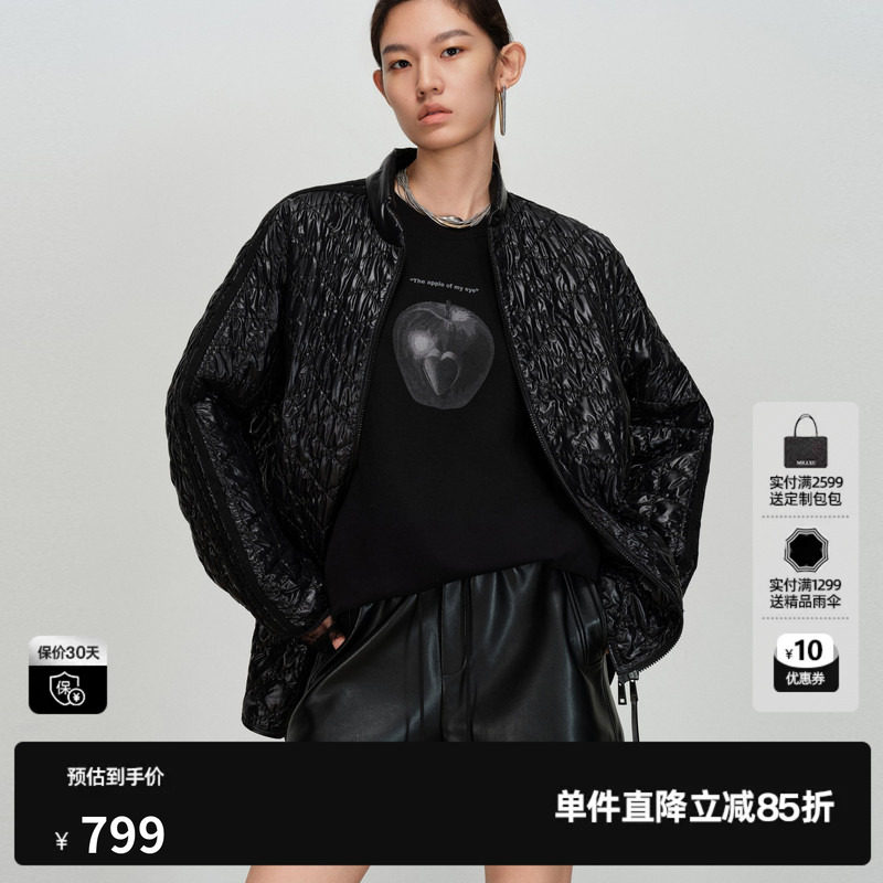 U/TI亮面菱格黑色棉服女宽松落肩光泽肌理感外套尤缇2026春季新款