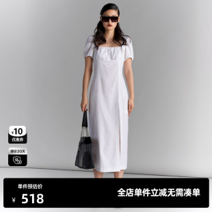 TI方领泡泡袖 度假裙女百搭开衩棉质连衣裙长裙尤缇2025夏季 新款