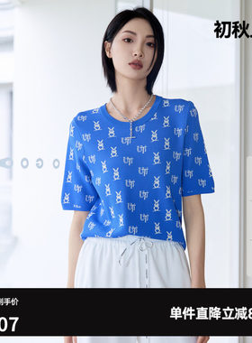 U/TI宝蓝色满版兔子提花针织衫女时尚短袖潮毛衫尤缇时尚夏季新款
