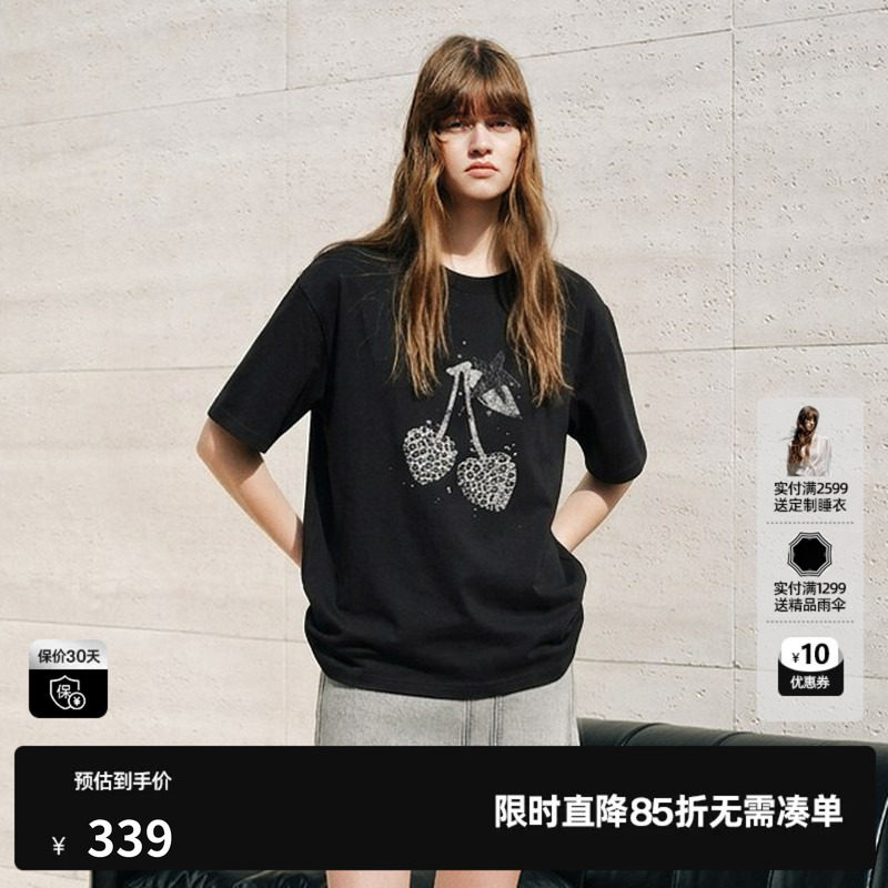 U/TI 黑色100%棉豹纹樱桃短袖T恤女宽松落肩休闲尤缇2026秋季新款