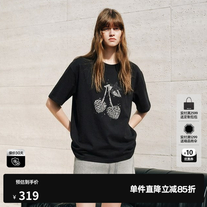 U/TI 黑色100%棉豹纹樱桃短袖T恤女宽松落肩休闲尤缇2026秋季新款