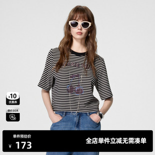 夏季 百搭简约短袖 休闲尤缇时尚 新款 TI美式 樱桃条纹正肩T恤女装