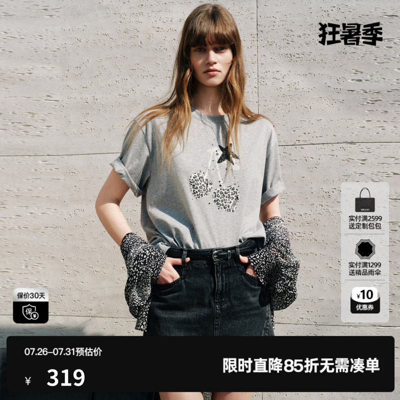U/TI 灰色100%棉豹纹樱桃短袖T恤女宽松落肩休闲尤缇2026秋季新款