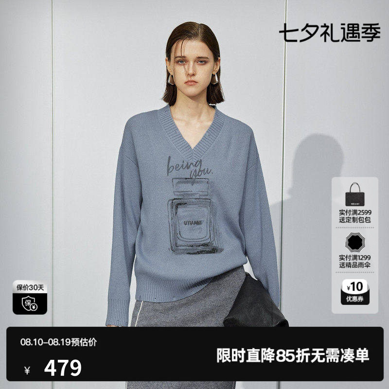 U/TI慵懒系香水毛衣女设计感提花绵套头毛衫尤缇2025秋季羊毛混纺