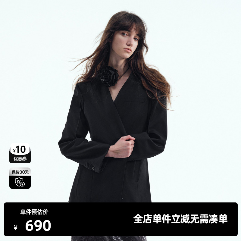 U/TI无领黑色西装外套女装设计感通勤风休闲上衣尤缇2025秋季新款