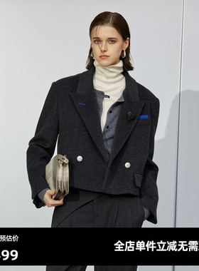 U/TI深灰色短款西装式大衣女百搭通勤绵羊毛外套尤缇时尚冬季新款