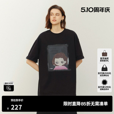 U/TI黑色纯棉小女孩印花短袖T恤女落肩宽松直筒 尤缇2026夏季新款