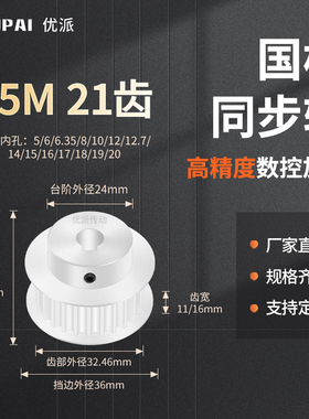 同步带轮S5M21齿宽11/16BF内孔5 6 8 10 12 12714机械型同步轮S5M