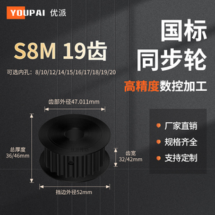 同步带轮S8M19齿钢A黑齿宽32/42内孔127141516171928机械型同步轮