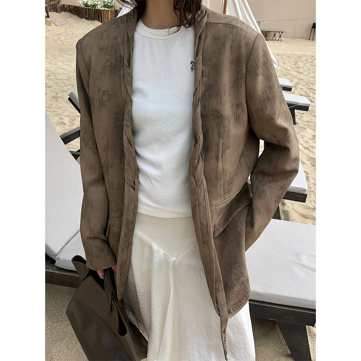 2026春季新款文艺复古扎染编绳无领通勤西装宽松中长款外套56560