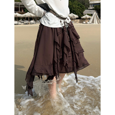 2026春季新款束腰A字裙层叠荷叶边不对称休闲百搭半身裙85833