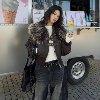 2025新款十三行冬季新款90白鸭绒仿毛领连帽羽绒服束腰外套18503