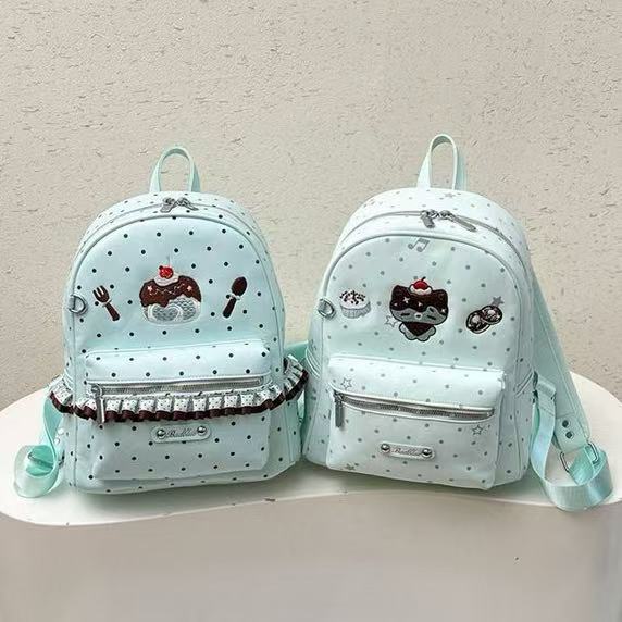 韩版薄荷绿小猫双肩包女小众设计卡通可爱学生书包大容量波点背包
