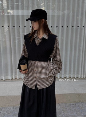 JVV十三行2025冬季新款针织马甲叠穿格子长袖宽松休闲衬衫女71638