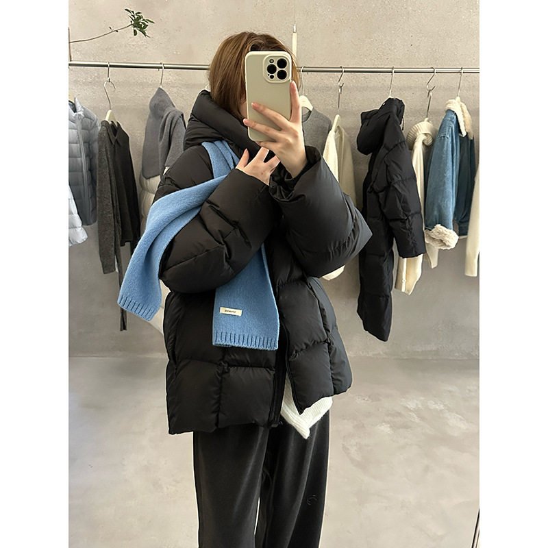 新款黑色羽绒服女冬季新款厚90白鸭绒连帽中长款泡芙面包服包邮