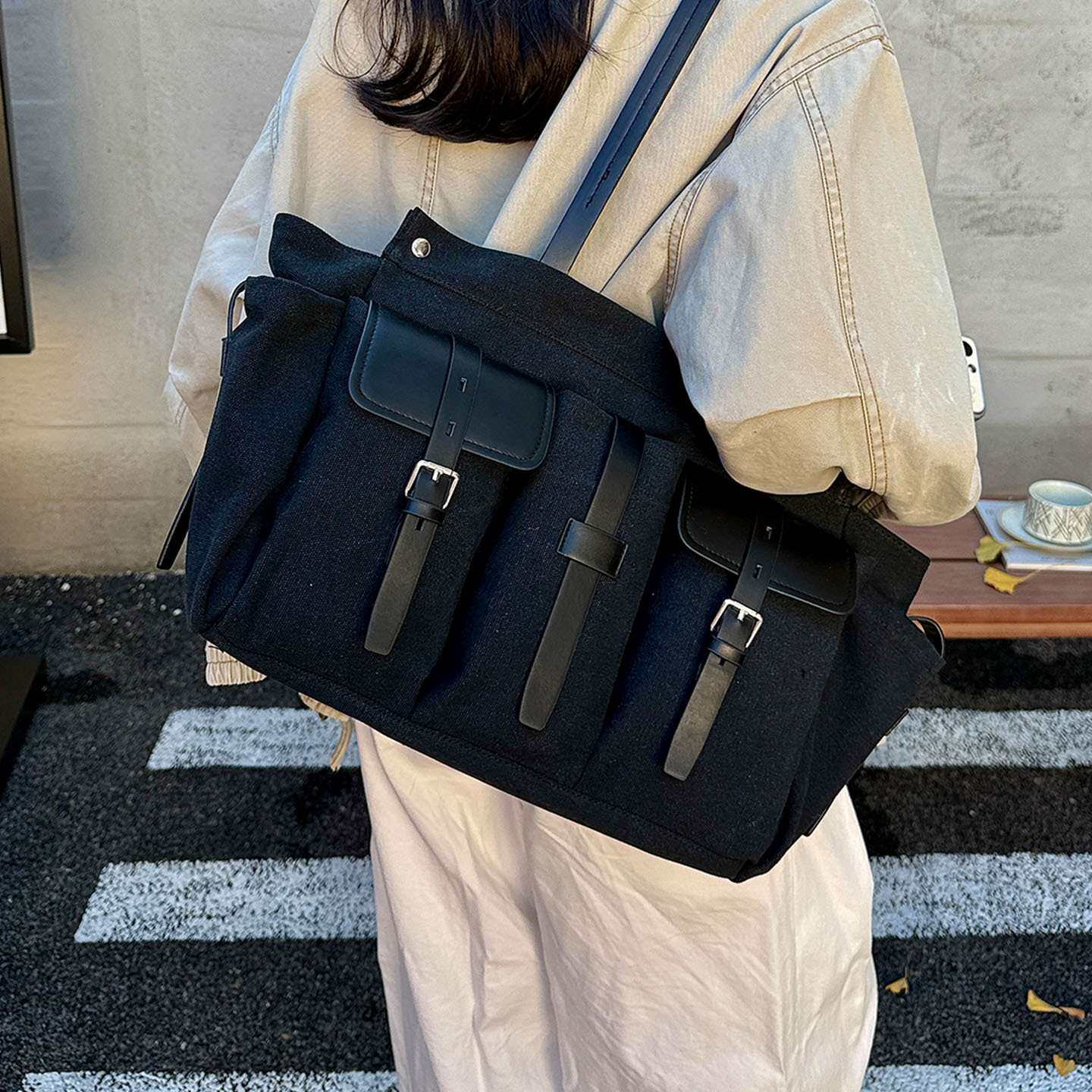 大容量多包女2026口袋秋季风通勤新款包时尚机能托特帆布简约单肩