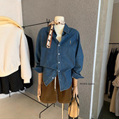 WGWE秋冬韩系老钱风复古水洗小马标宽松显瘦翻领牛仔衬衫 女W7923