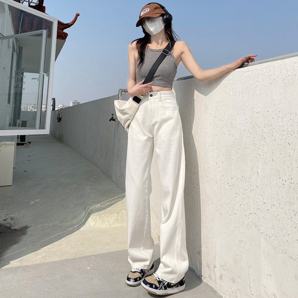 白色牛仔裤女2024春夏休闲宽松阔腿裤韩版高腰显瘦拖地裤加长长裤