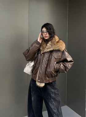 2025冬季新款美式复古毛领90白鸭绒夹克皮衣羽绒服外套女85330