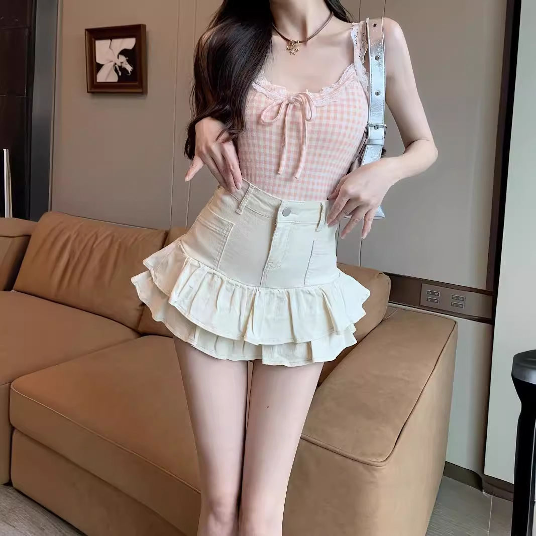 网红同款2024夏季新款小众双层花边裙摆设计甜辣妹牛仔蛋糕半身裙