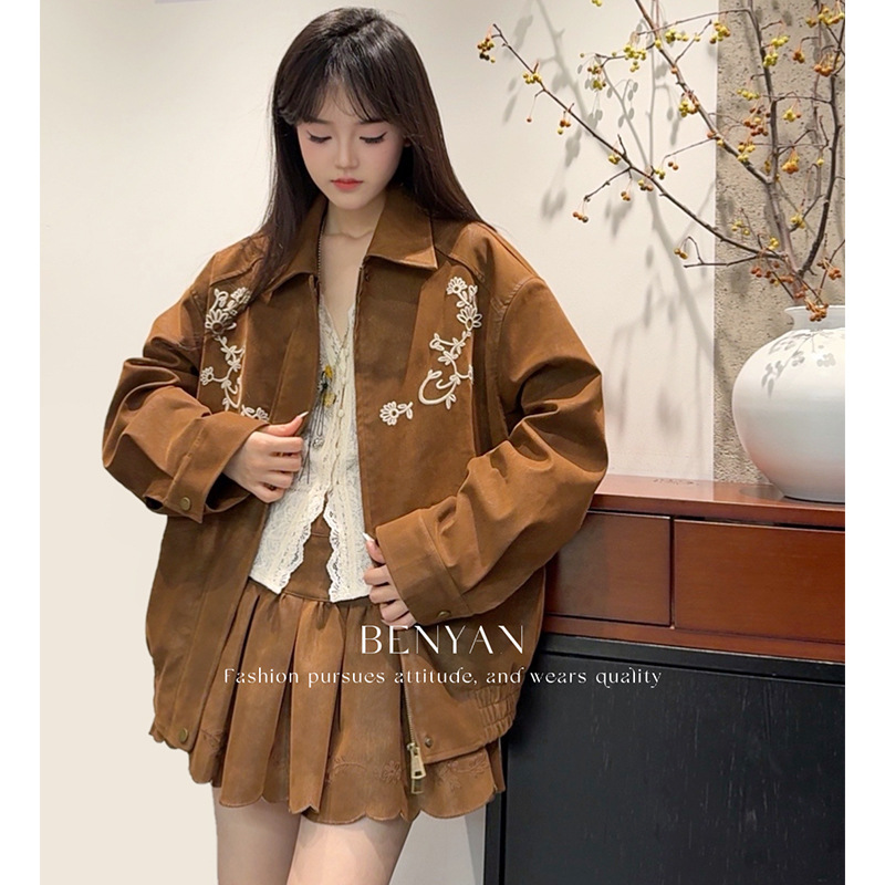 BENYAN本言 十三行秋季法式慵懒宽松刺绣设计pu皮夹克外套女82385