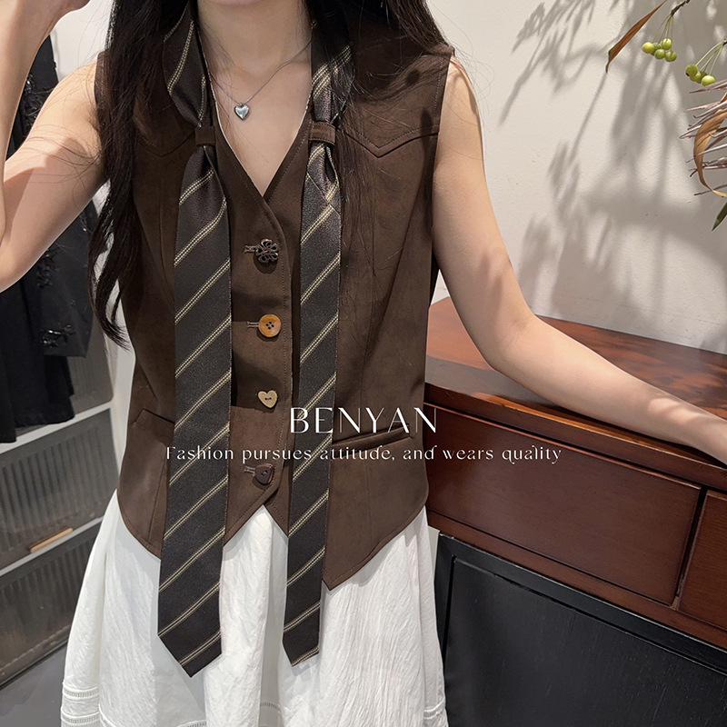 BENYAN本言 法式复古质感西装马甲高级感拼皮开衫【送领带】88619