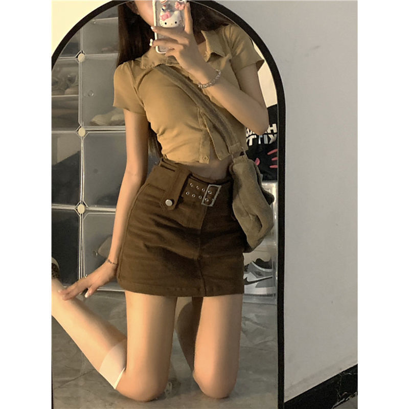 棕色牛仔半身裙女高腰显瘦小个子裙子夏季a字半裙辣妹包臀短裙潮