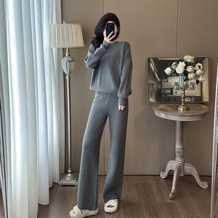 两件套 7619韩系慵懒风休闲运动套装 女春装 时尚 洋气灰色针织阔腿裤